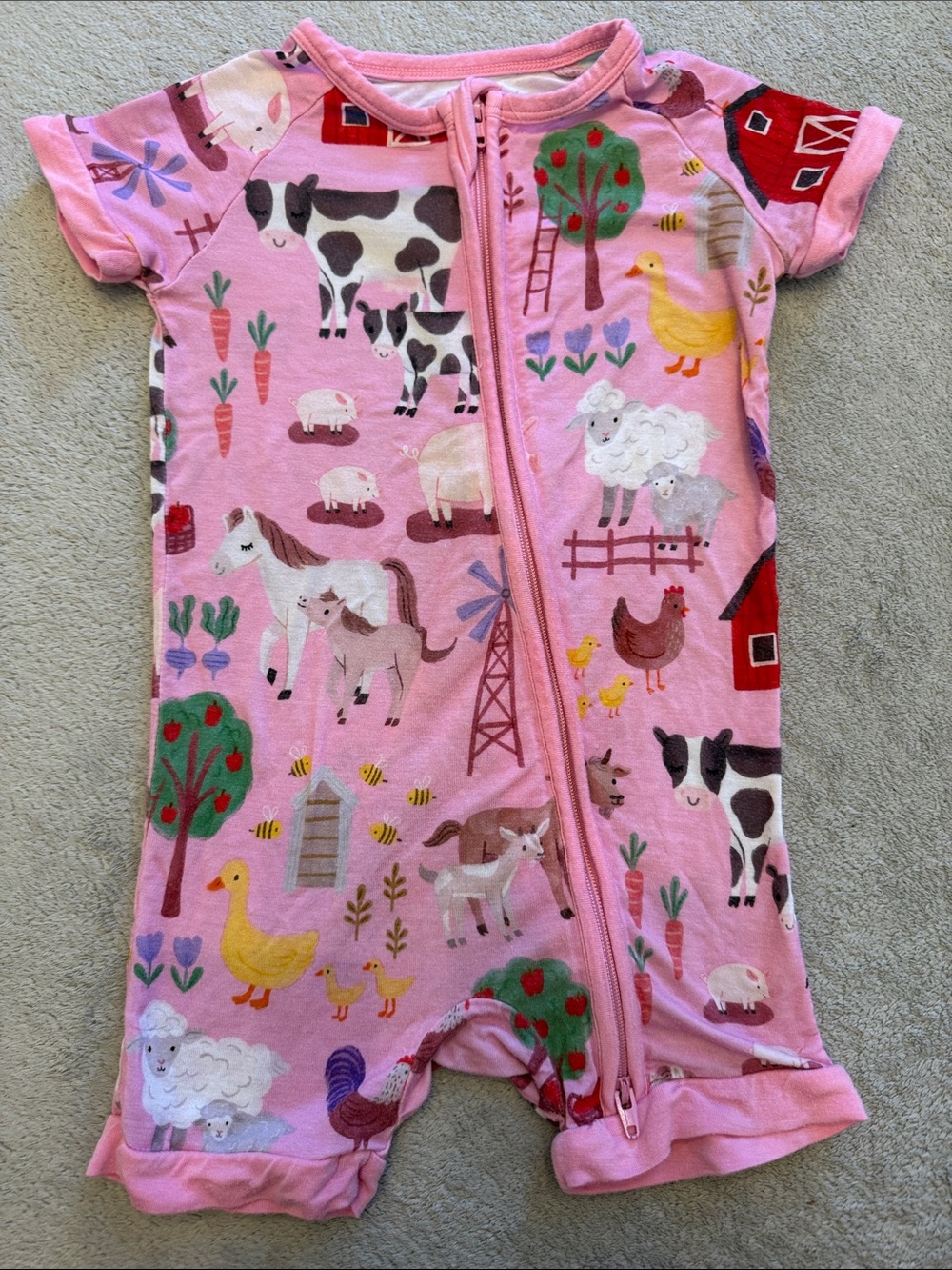 Little Sleepies Pink Farm Animal Short-Sleeve Zip One-Piece